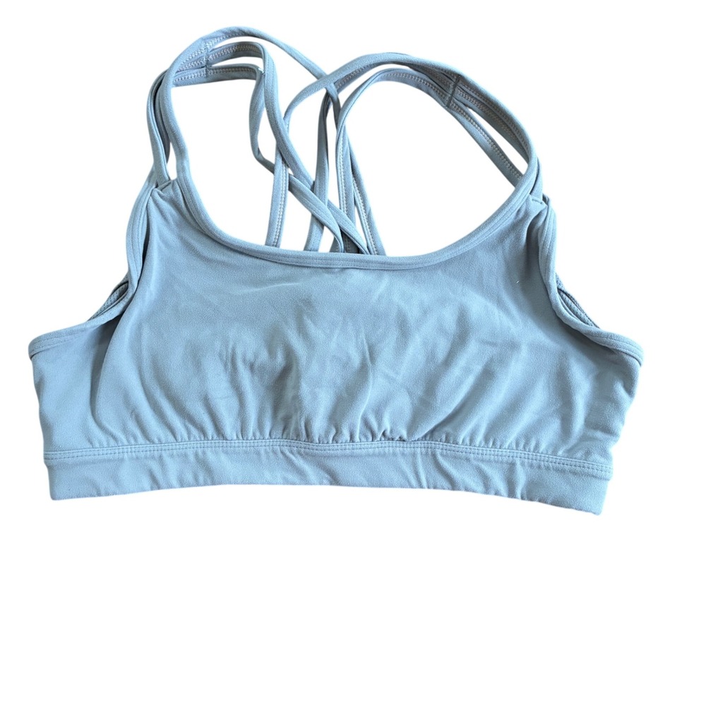 Athleta Strappy Back Sports Bra Womens Size L Gray Blue Pilates Athleisure Gym